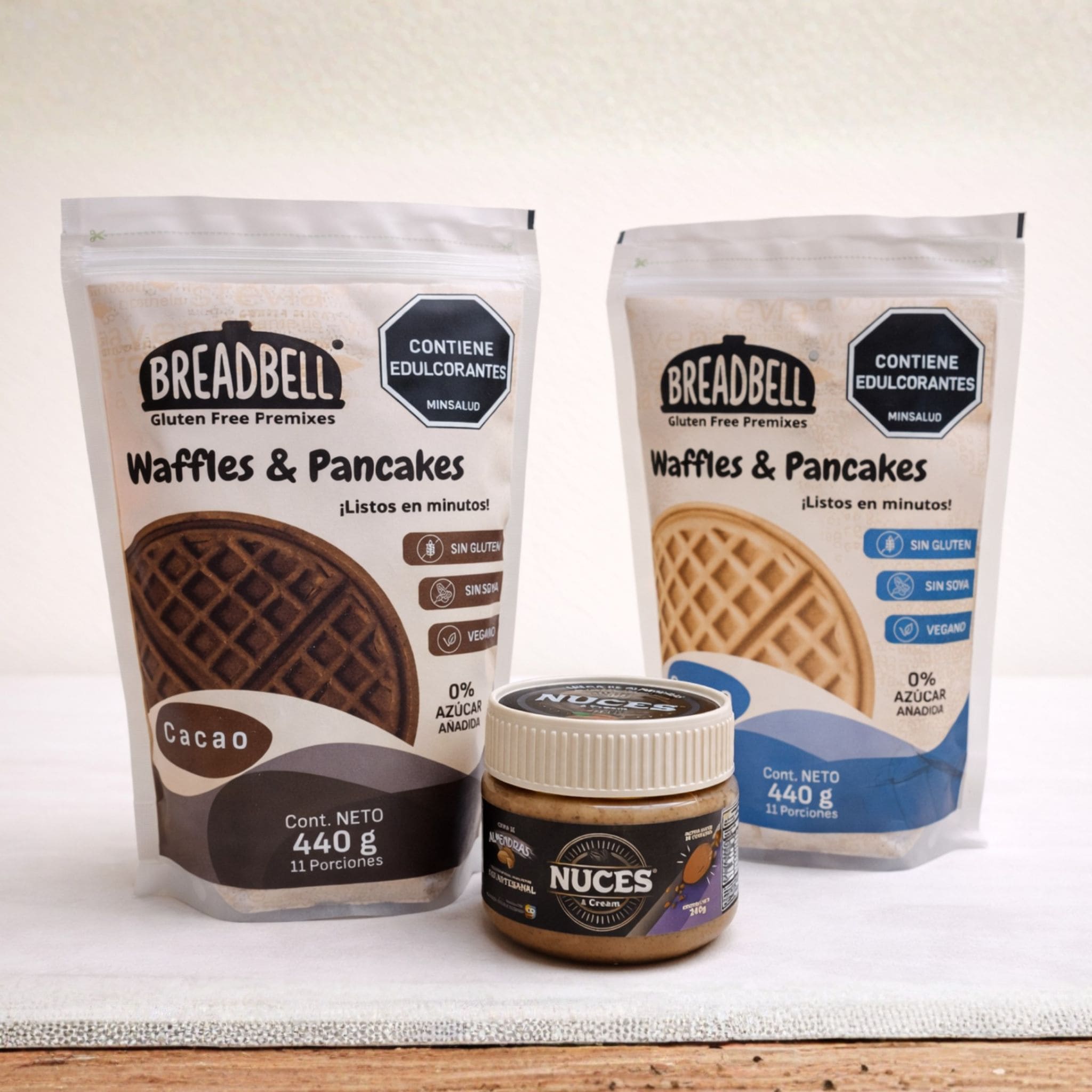 Combo Premix Waffles & Pancakes Sin Gluten - Vainilla + Cacao + Crema Almendras