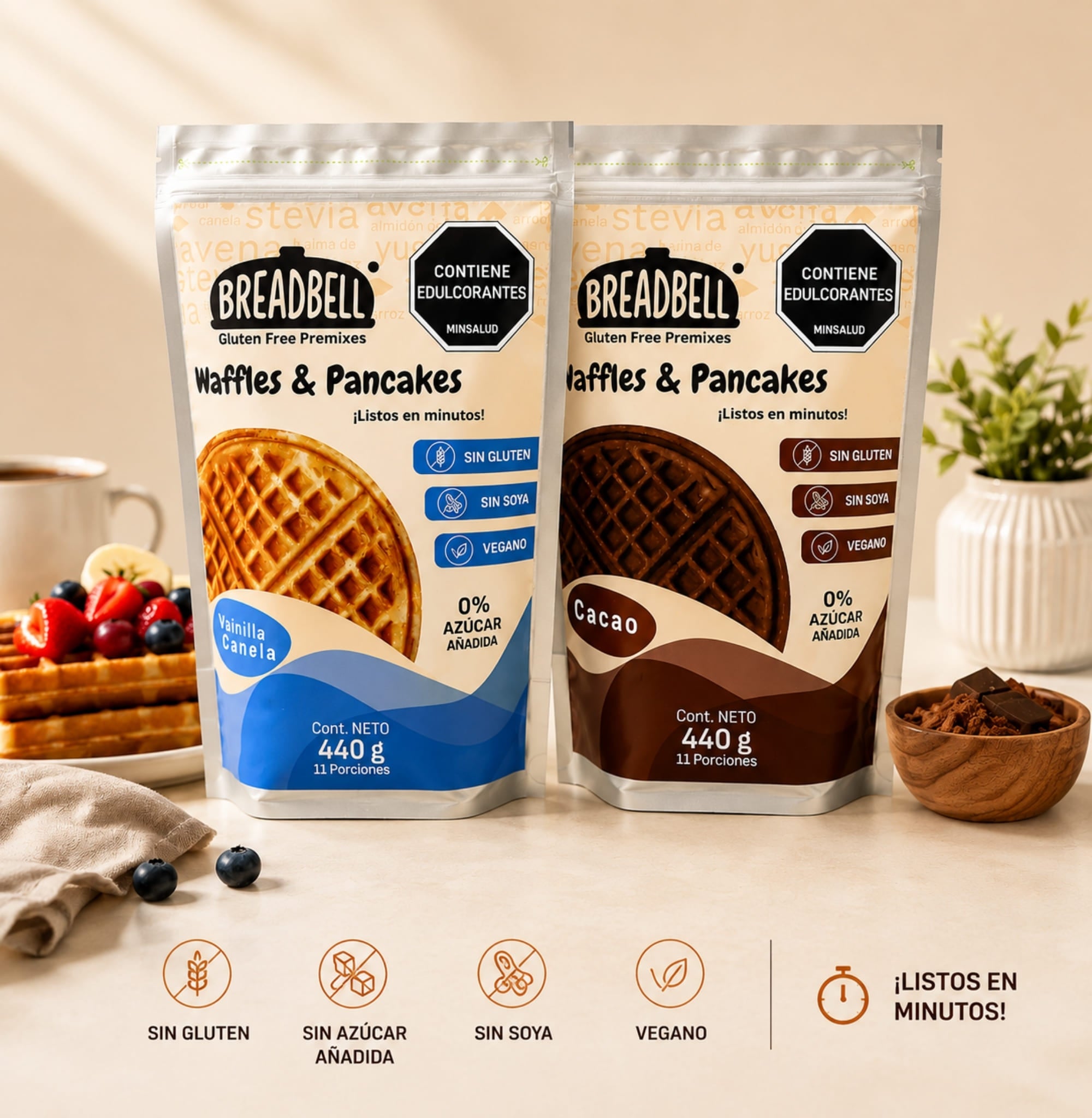 Combo Premix Waffles & Pancakes Sin Gluten - Sabor Vainilla + Sabor Cacao